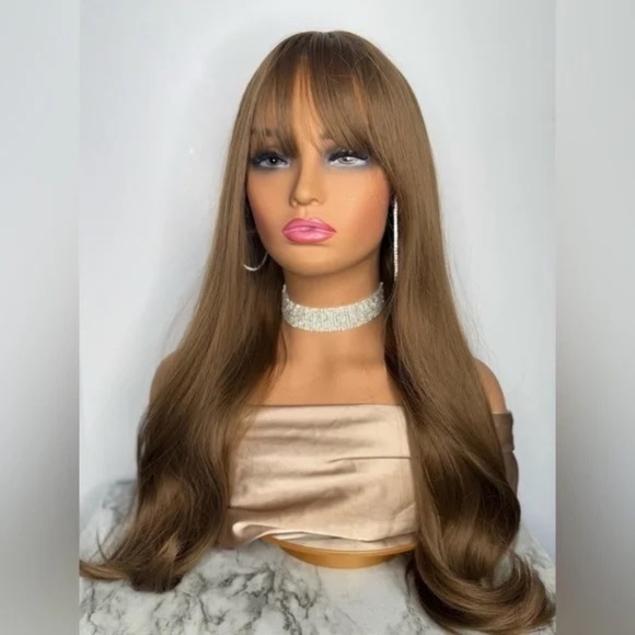 NATURA LIGHT BROWN Elegant Long Wavy Brown Wig with Bangs - realistic roots - Picture 1 of 9